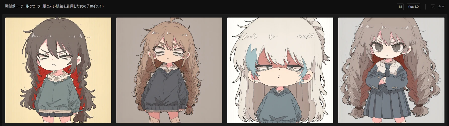 指示「黒髪ポニーテールでセーラー服と赤い眼鏡を着用した女の子のイラスト」