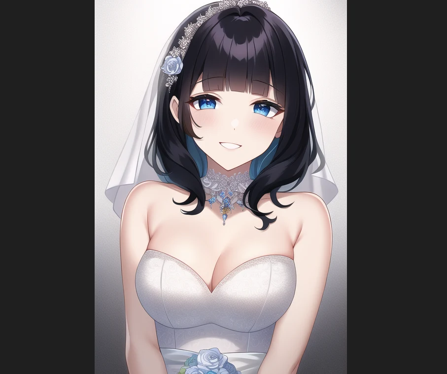 「 detailed wedding dress」とすると衣装の装飾が細かくなる例