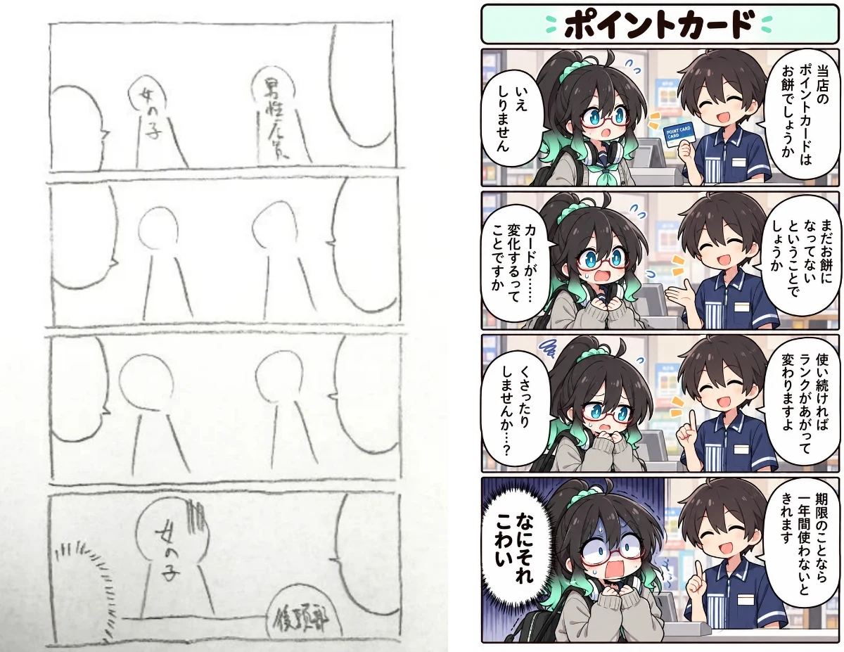 コピー紙に手描きした棒人間ネームをChatGPTに読み込ませた例