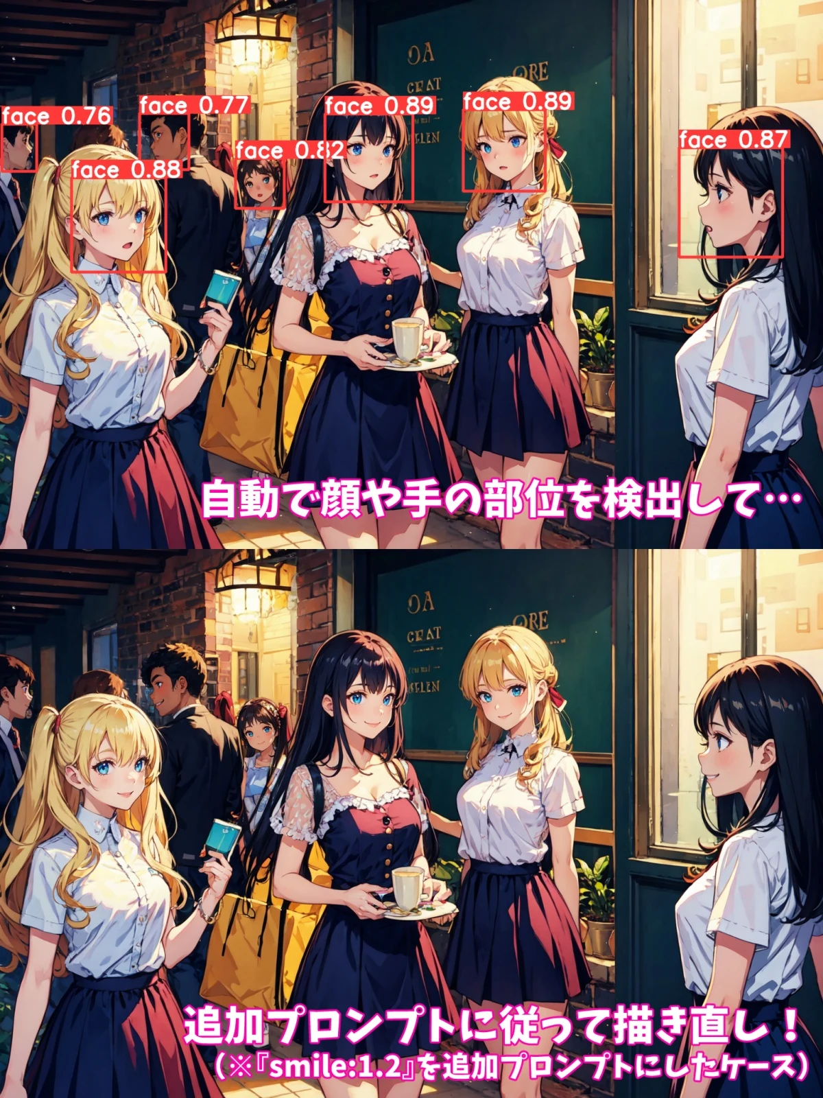 ADetailerを知らない方はこちらを参照のこと。時間がかかりますが、小さいキャラクターが映り込む場合は非常に有用な技術かと思います。