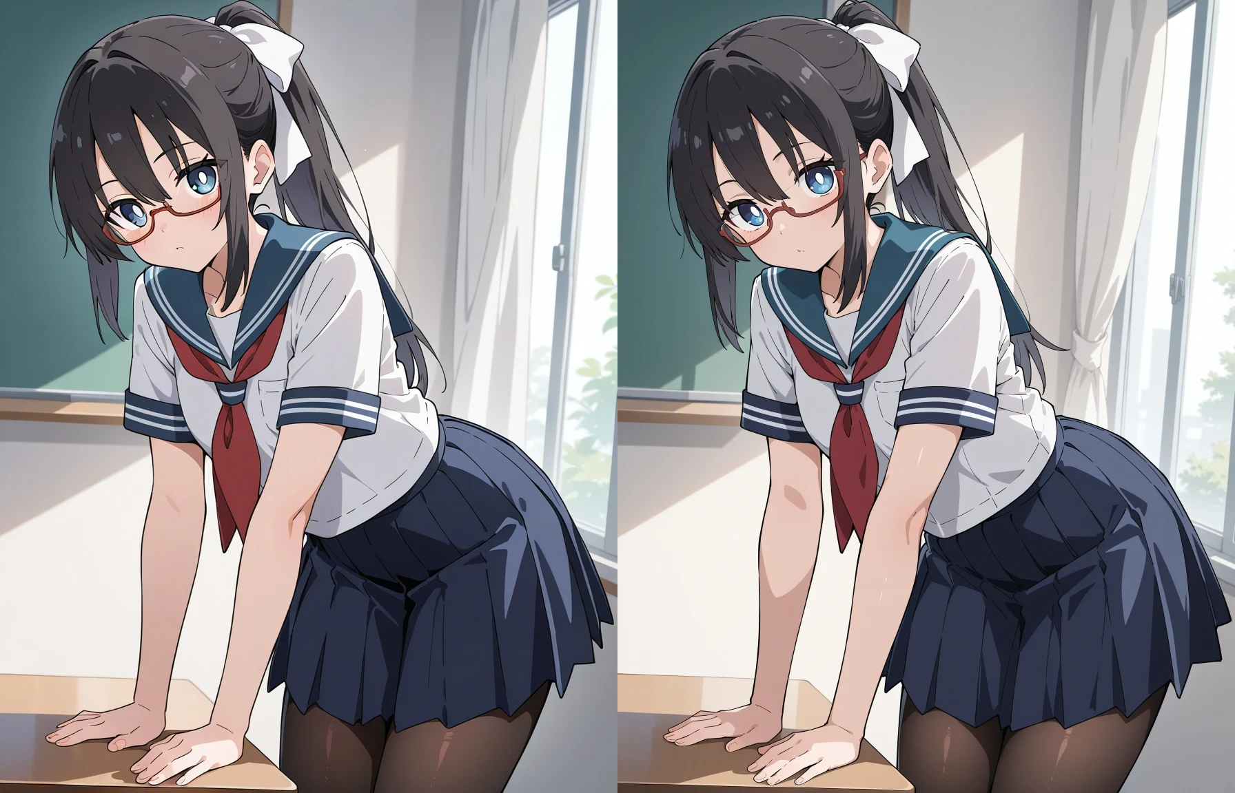 R-ESRGAN 4x+ Anime6Bによるアップスケール例(強度0.5)。ほとんど変化していないようだが、カーテンやスカートなどに注目するとディティールが付け加わっている。顔立ちも変化。