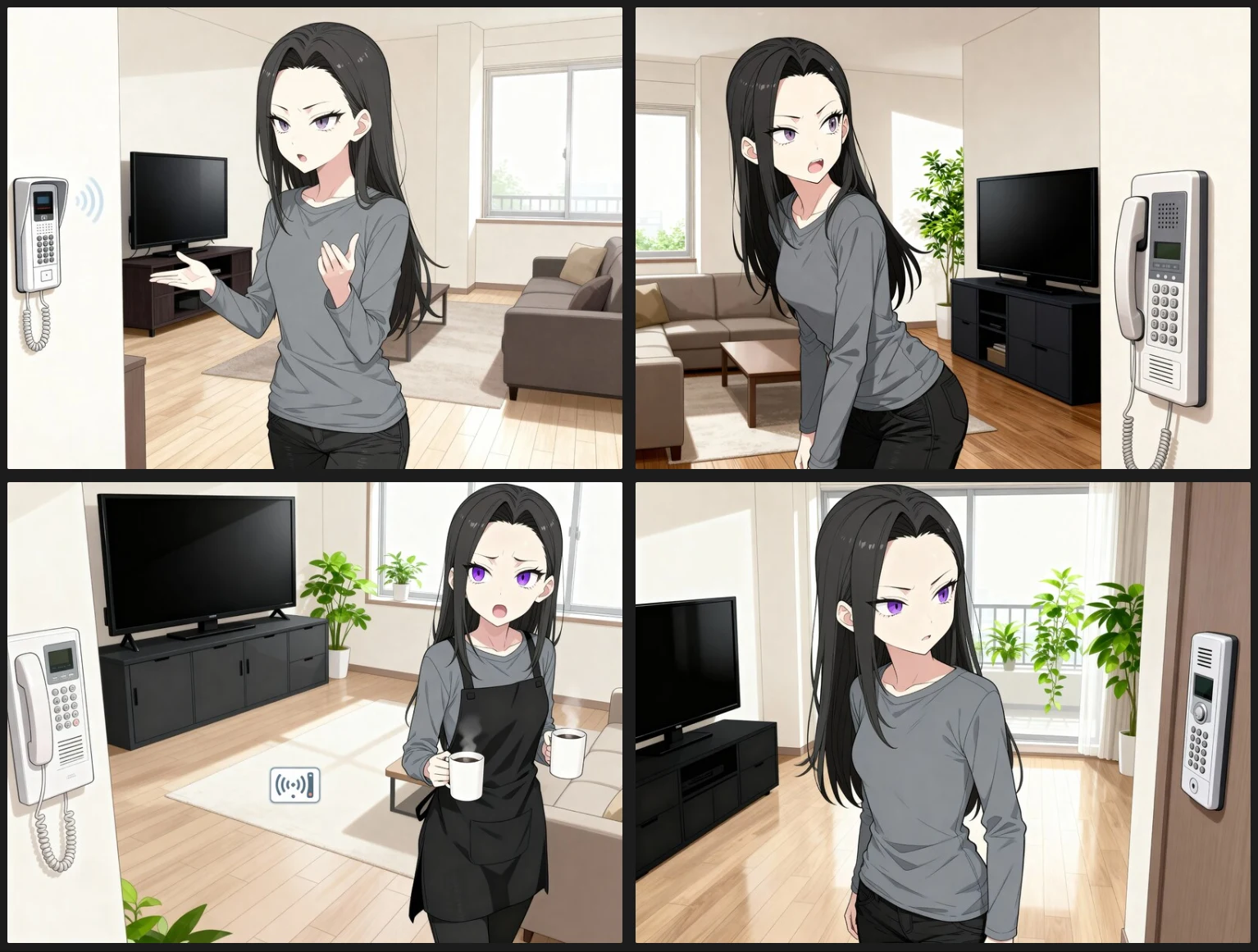 リビングでインターホンに気づくシーンをSeedream4に描かせたもの
