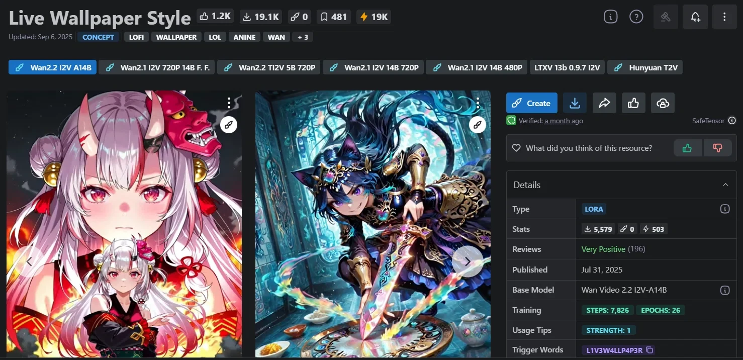 「Live Wallpaper Style」LoRA。いわゆる「キャラ待機絵」風の動画になるため、口パクが抑制できる