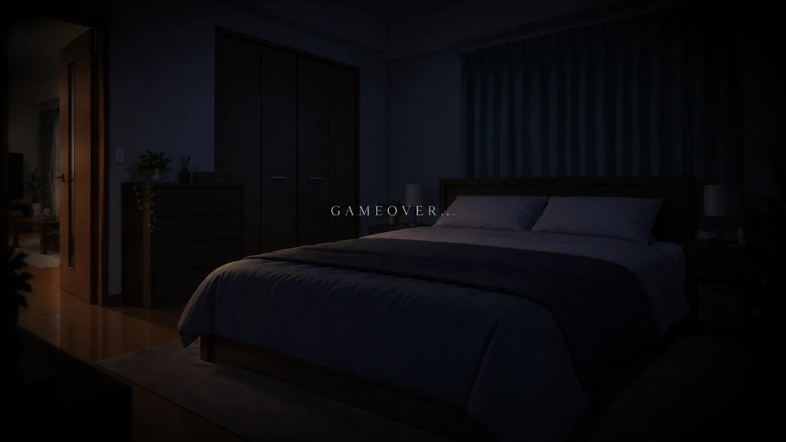 灯りの消えた寝室。GAMEOVER の文字が浮かんでいる